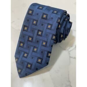 Altea Jacquard Geometric Foulard Blue Black Silk Tie Italy 57 x 3.25